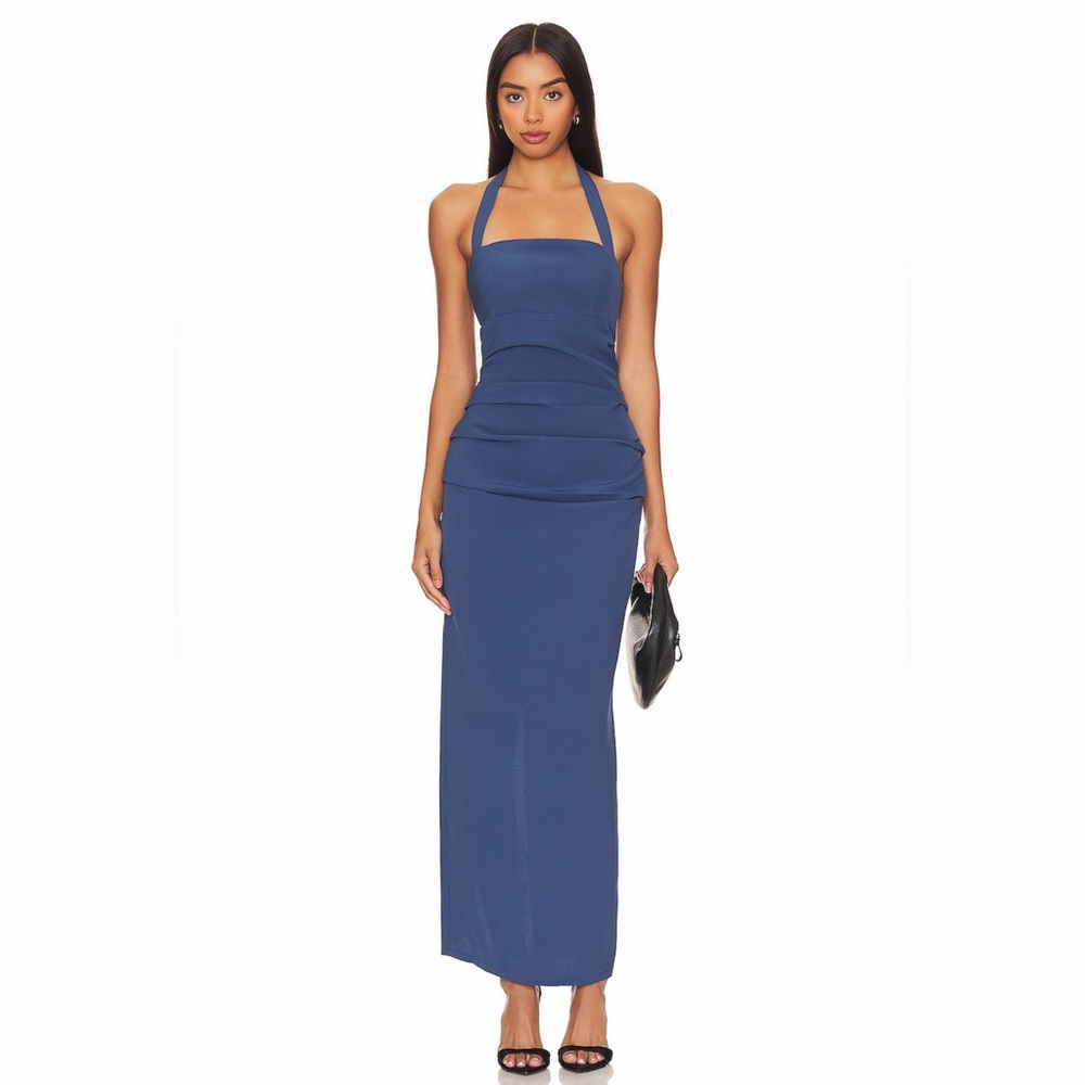 Lioness Revolve Blue 1999 Halter Straight Neck Ruched Crepe Maxi Dress Size S
